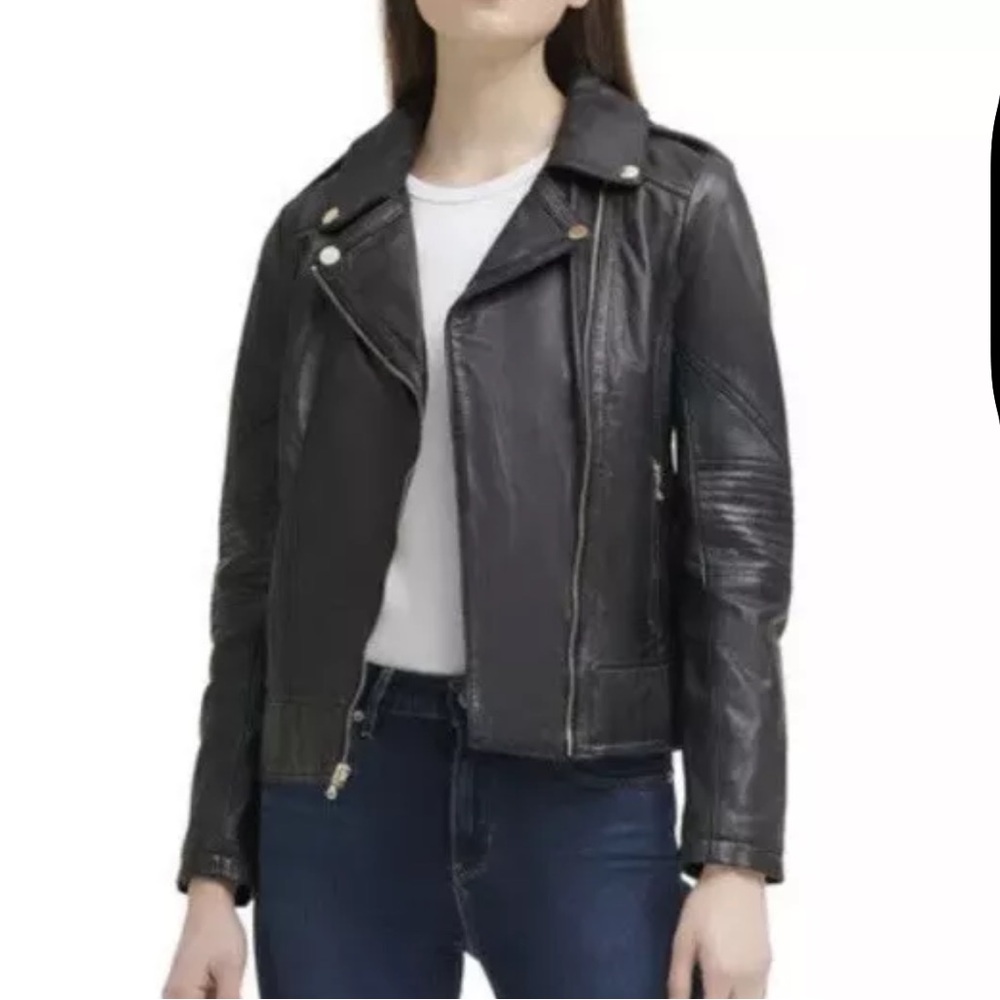 Guess Moto Black Leather Jacket with Asymmetrical Zipper Gold Ascents Size S/M - Picture 2 of 13